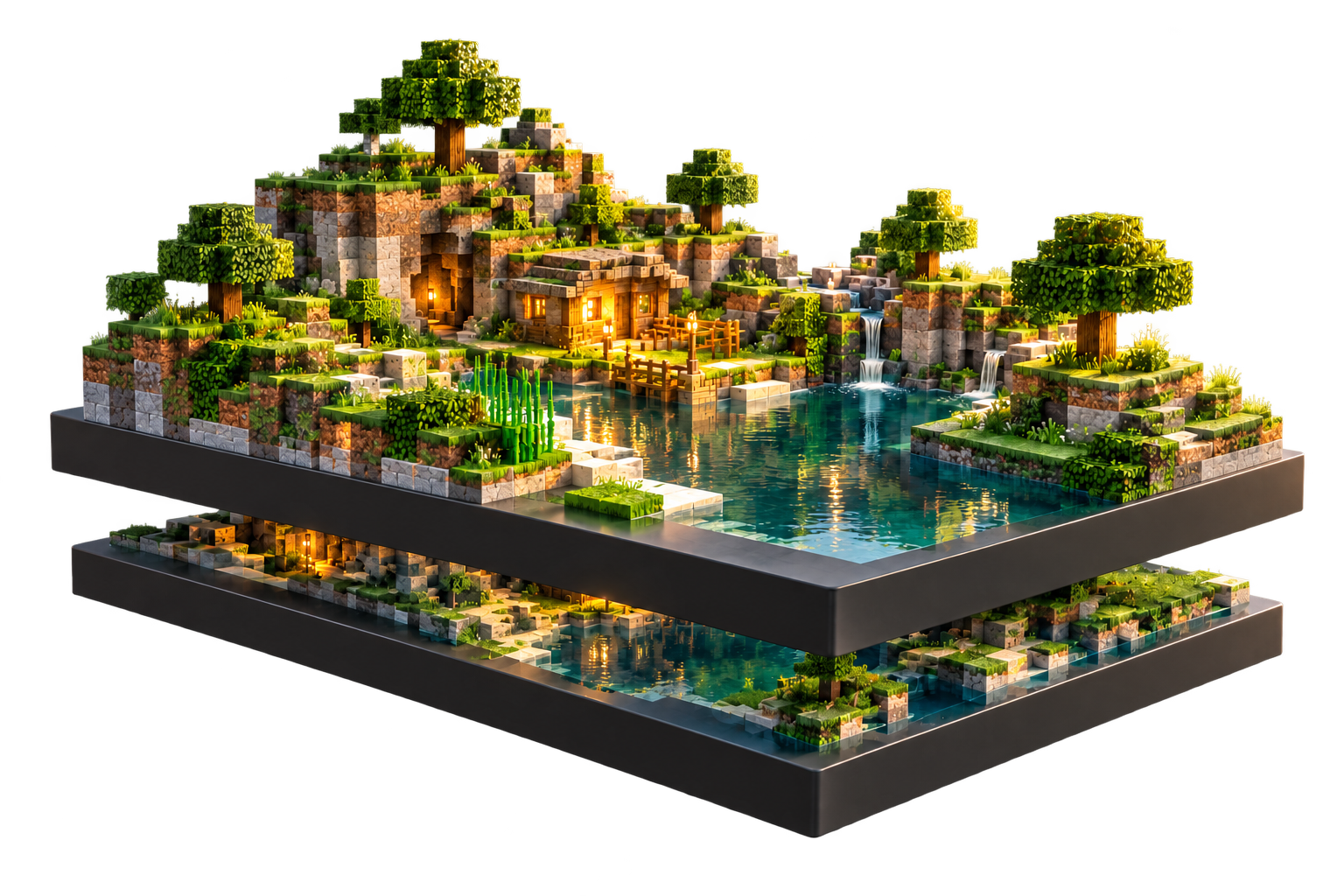 Un monde Minecraft et sa sauvegarde, suspendus sur deux socles, avec une maison éclairée et une rivière.